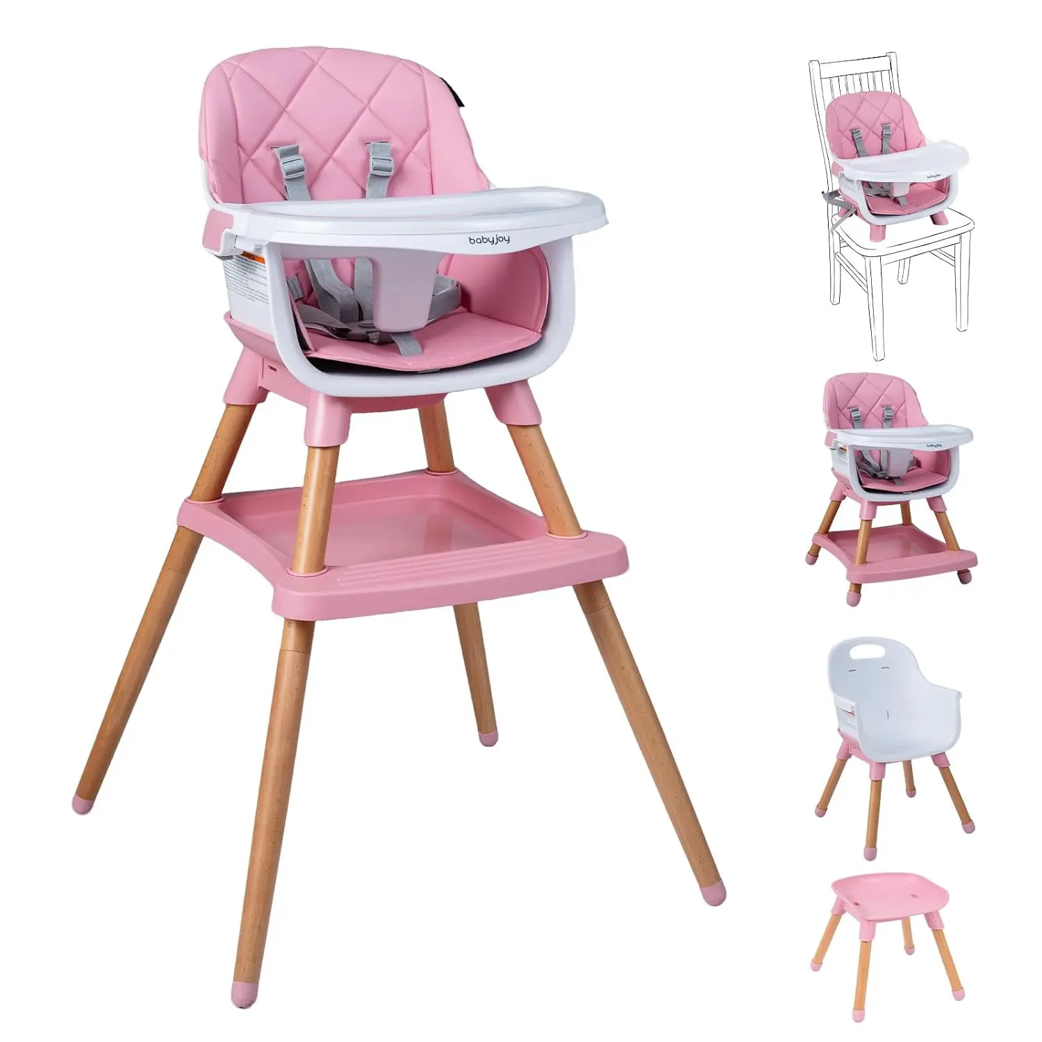 Costzon 8-in-1 High Chair, Convertible Wooden Highchairs for Babies and Toddlers | Dining Booster Seat | Toddler Stool, Double Removable Tray, 5-Point Safety Harness & Waterproof PU Cushion, Adjustable Toddler Chair, Feeding Chair