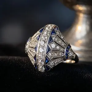 Art Deco style synthetic sapphire vintage ring, set with sparkling synthetic cubic zirconia, suitable for parties and evening events., Crystal Rings, Colored Gemstone Rings