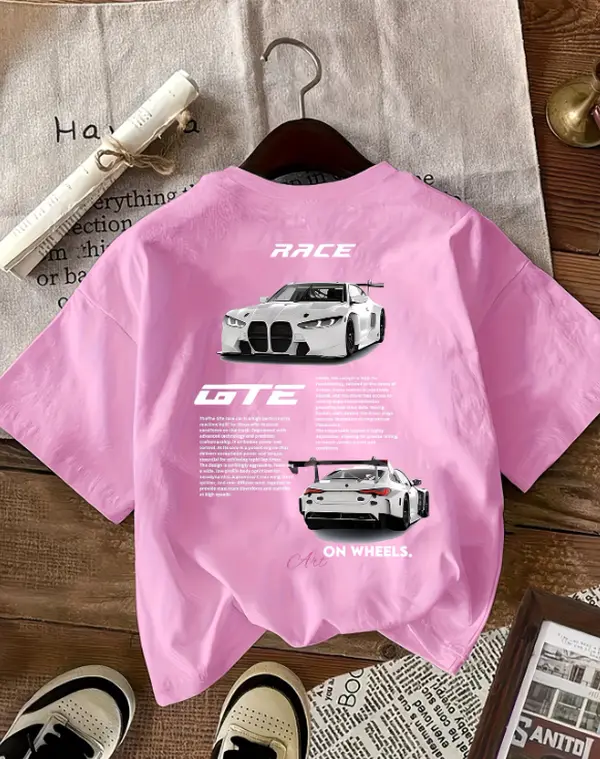 Race GTE Sport Car Double View Print Pink Oversized Women's Back Graphic Casual Racing Short Sleeve T-Shirt.