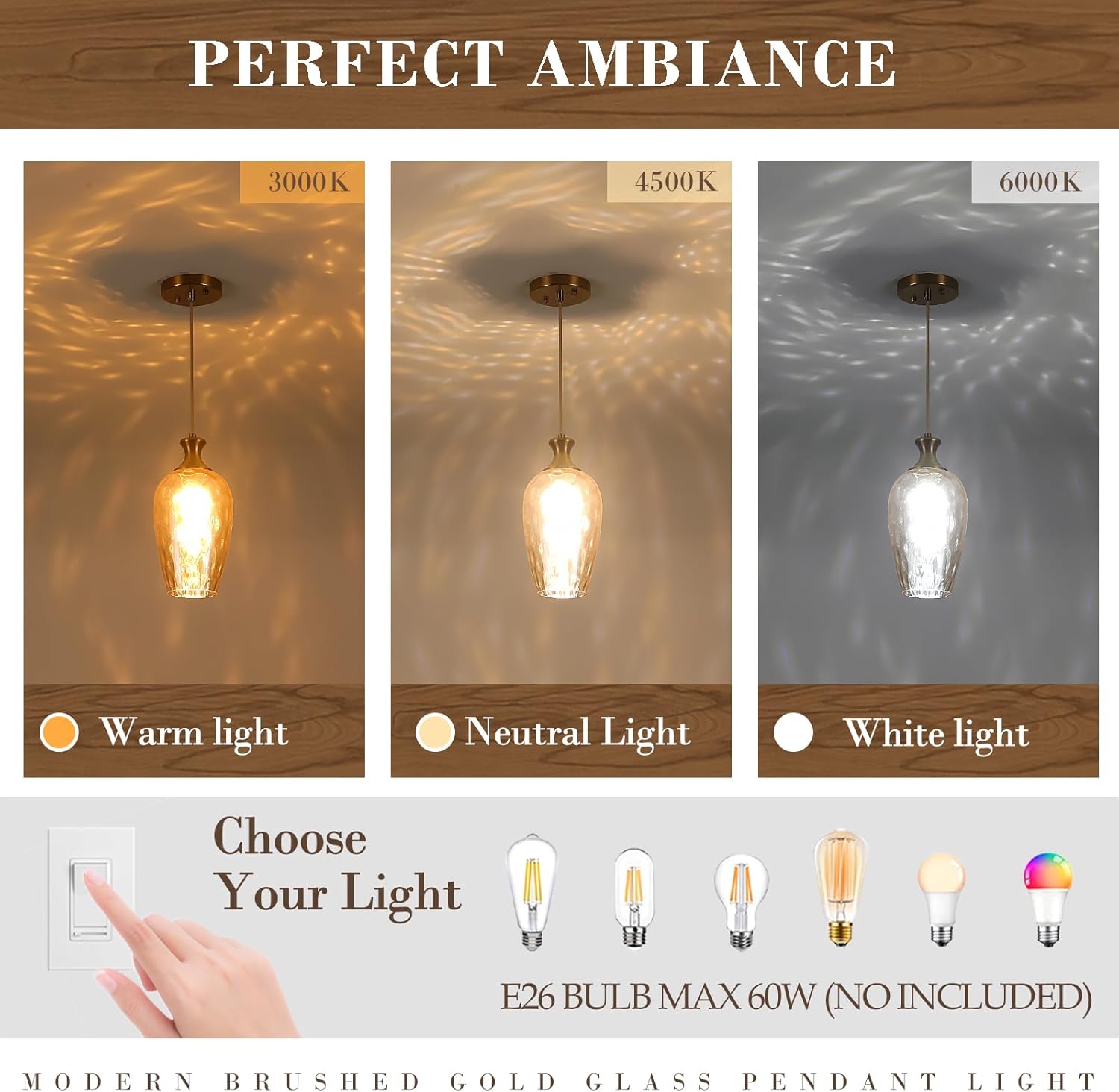 Glass Pendant Lights Kitchen Island, 1-Light Gold Pendant Light Fixtures with Hammered Amber Glass Vintage Hanging Light for Kitchen Sink Dining Room Bedroom