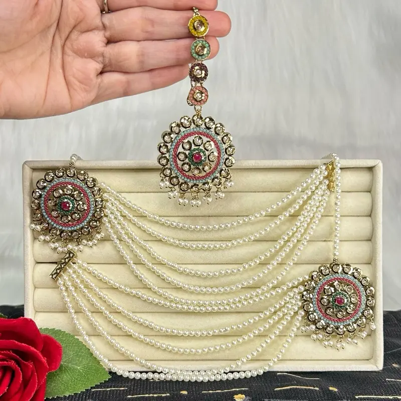 Traditional Jadau Oversized Stud Earrings Set with Ear Chain, Saharas, and Tikka