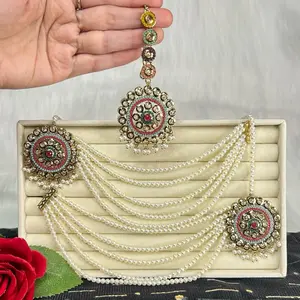 Traditional Jadau Oversized Stud Earrings Set with Ear Chain, Saharas, and Tikka