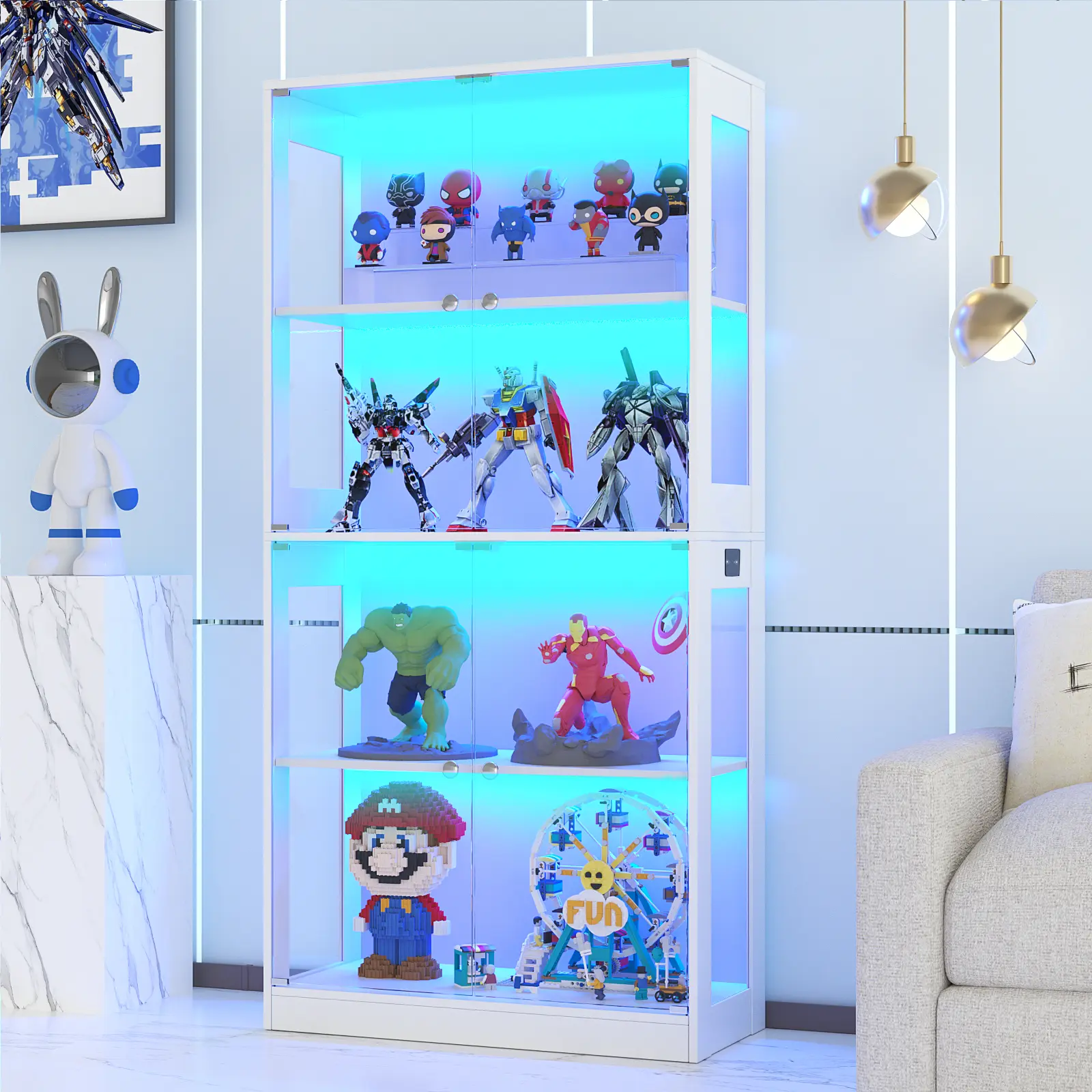VOWNER  Display Cabinet with Glass Door 4-5-Tier Curio Cabinet for Collectibles Trophy Glass Display Case with Human Body Sensor 3 Color Lights Bookcase Storage Cabinets for Living Room Study