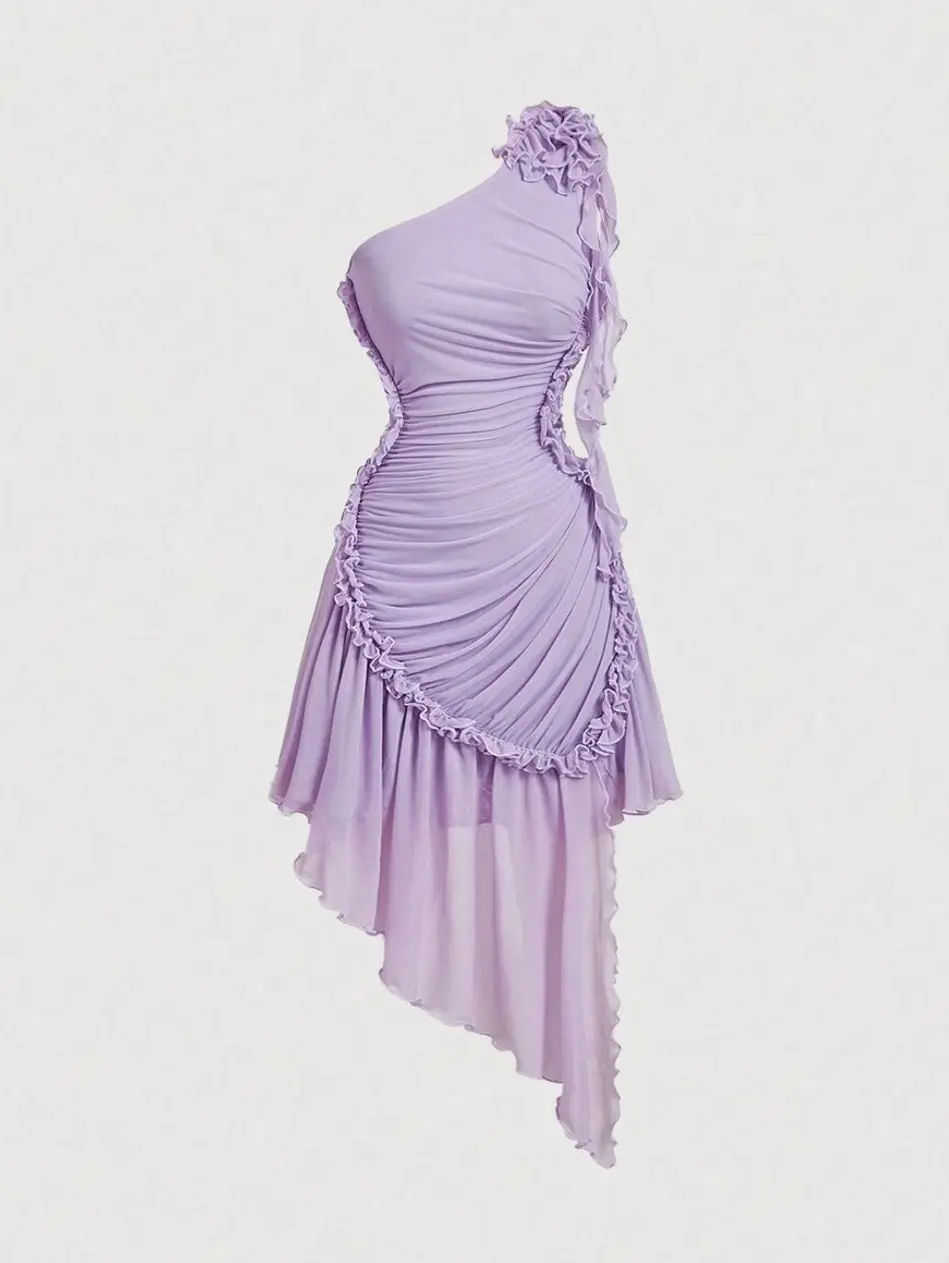 Women's Purple Ruffled Asymmetrical Dress, Romantic Party Midi Dress, Elegant Pastel Dress for Birthday, Vacation, Cocktail, Wedding Guest, Summer Occasion