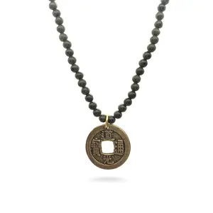 Chinese Coin Pendant Necklace with Dark Jade Beads
