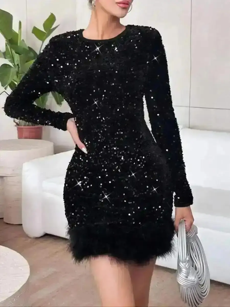 Chic Women's Round Neck Faux Fur Patchwork Fashion Party Dress, Stylish Casual Wear, , Design, Chic Premium Quality Look Style Versatile All-Season Durable Wear Elegant Modern Classic Comfortable Stretchy Relaxed