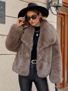 Women's High-End Faux Fox Fur Short Coat with Hood, Elegant Autumn Winter Outerwear for Petite Sizes, Stylish Fashion Jacket
