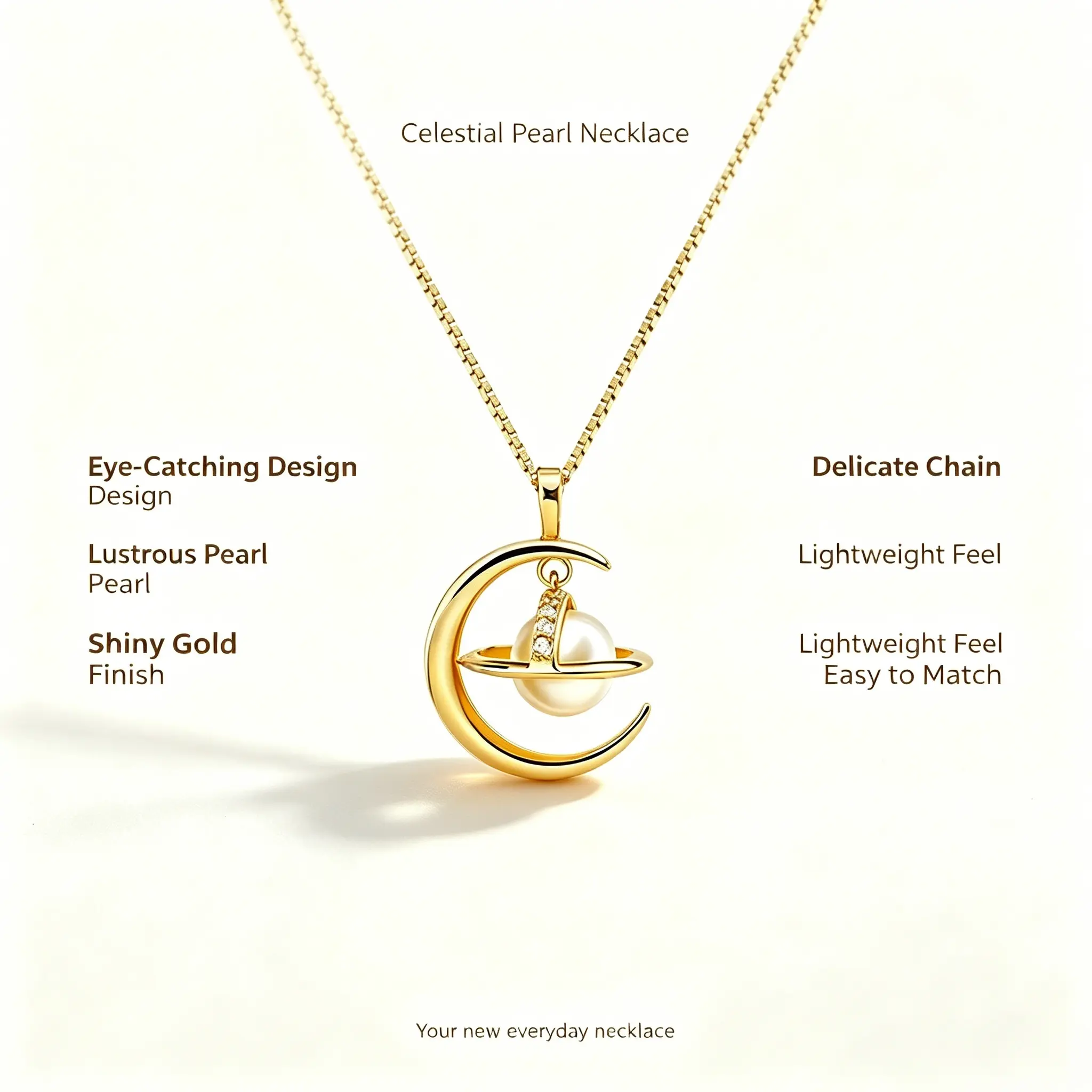 Women's Planet Necklace, Minimalist Saturn Pendant with Moon Charm Accent, Plated Copper Clavicle Chain for Casual Wear, 30G, Clavicle Length, Copper Plated