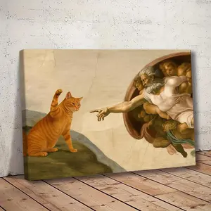 Funny Cat Michelangelo Parody Art, Humorous Renaissance Art, Home Decor, Eco-Friendly, Fade-Resistant, Waterproof Canvas