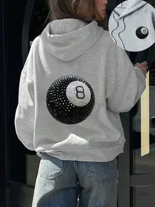 Women's Number 8 Billiards Print Drop Shoulder Long Sleeve Hoodie, Fashion Casual Drawstring Pocket Hooded Sweatshirt for Daily Holiday Outdoor Wear, Ladies Clothes for Fall & Winter