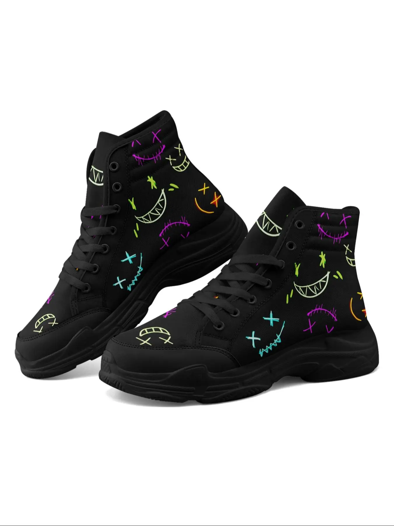 Men's Gothic High-Top Sneakers, Sports Shoes, walking shoes, Graffiti Smile Print Streetwear Shoes for All Seasons, Punk Lace-Up Casual Trainers, Footwear