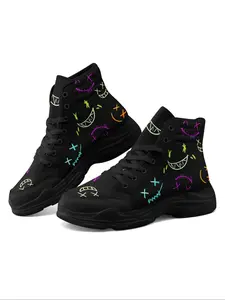 Men's Gothic High-Top Sneakers, Graffiti Smile Print Streetwear Shoes for All Seasons, Punk Lace-Up Casual Trainers