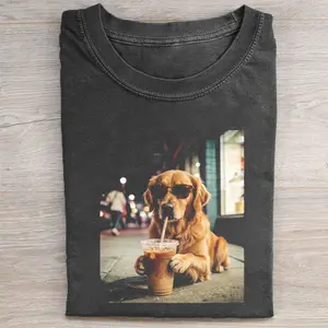 Funny Golden Retriever Drinking Iced Coffee Comfort Colors T-shirt, Vintage 90s Edgy Dog Meme Tee, Unisex Fit Design, Casual Streetwear, Gift for Dog Lovers