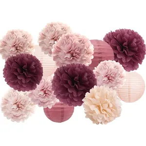 Hanging Party Decorations - Tissue Paper pom poms and Lanterns Backdrop Decor for Engagement Wedding Birthday Bridal Shower Bachelorette Supplies for Women (Burgundy and Dusty Pink)