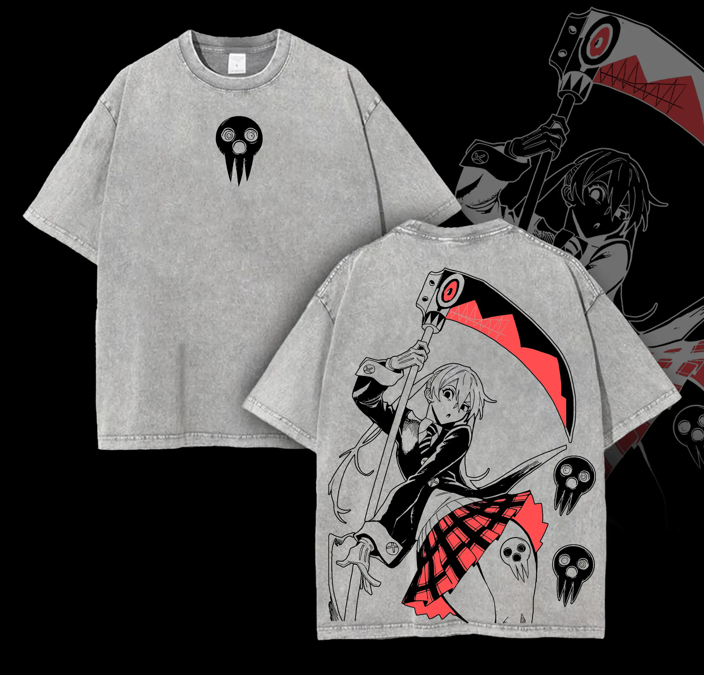 Maka Albarn x Soul Eater Anime Double Printed Vintage Washed Tee Unisex Oversize Heavyweight Cotton T-shirt for Anime Fans and Lovers