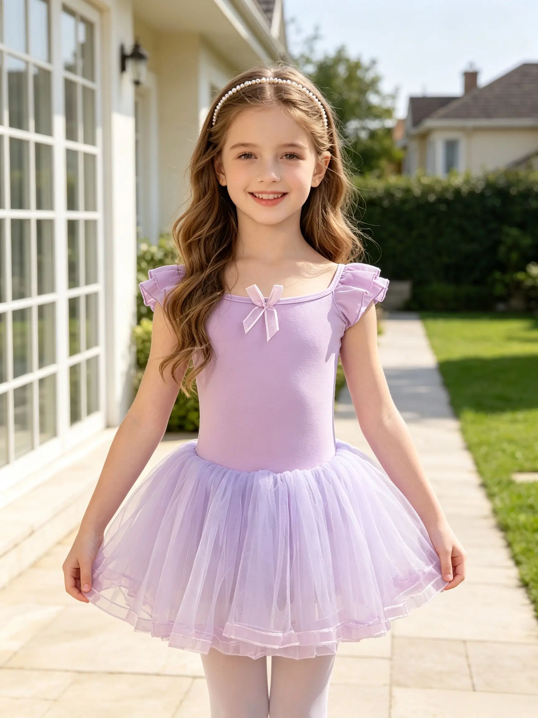 Girls' Sky Blue Bow-Front Ballet Leotard Tutu, 1-Piece Ruffle-Sleeve Tulle Dance Dress, Ideal for Dance Class, Birthday Gifts