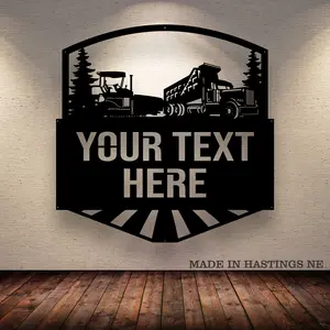 Asphalt Paver Dump Truck Trees - Your Text Here - Metal Monogram Wall Art Sign