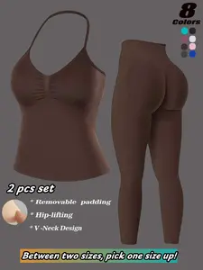 Women's New Seamless Halter Sports Bra + Peach Butt Pants Set, V-Neck Detachable Pads, High Elasticity Workout, Slim Fit Fashion, Gym Workout Set, High Elastic Activewear