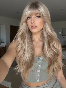 24 Inch Fashionable New Long Curly Blonde Wigs with Bangs and Dark Roots, Synthetic Women's Wigs for ordinary Work, Life, Dance Parties and All Occasions