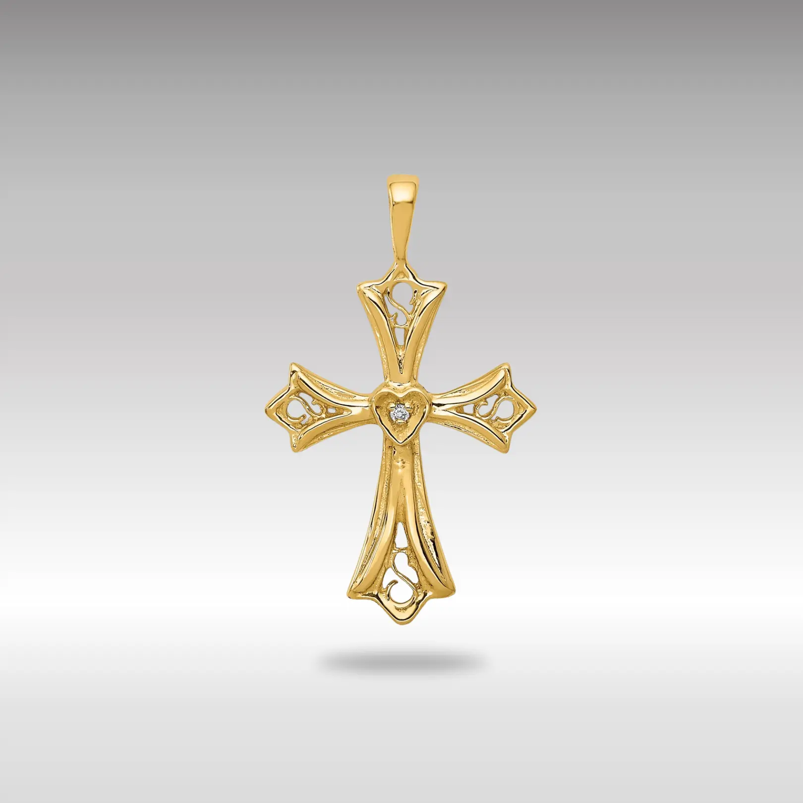 14K Gold AA Diamond Cross with Heart Center Pendant - Model PM5094-001-YA