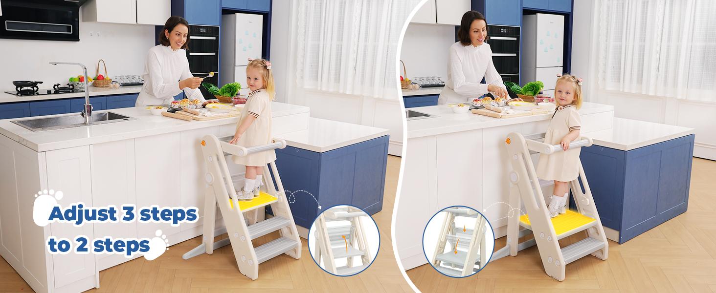 Dripex Toddler Tower Kitchen Stool Helper, Foldable & Adjustable Height Kids Learning Stool for Kitchen Counter Bathroom Sink, Child Ladder for Toddlers with Handles, Safty Rail, Non-Slip Pads