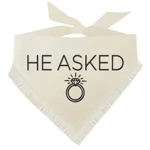 He Asked Boho Dog Wedding Bandana – Natural Cotton with Puff Print & Fringe Trim | Engagement or Proposal Pet Accessory