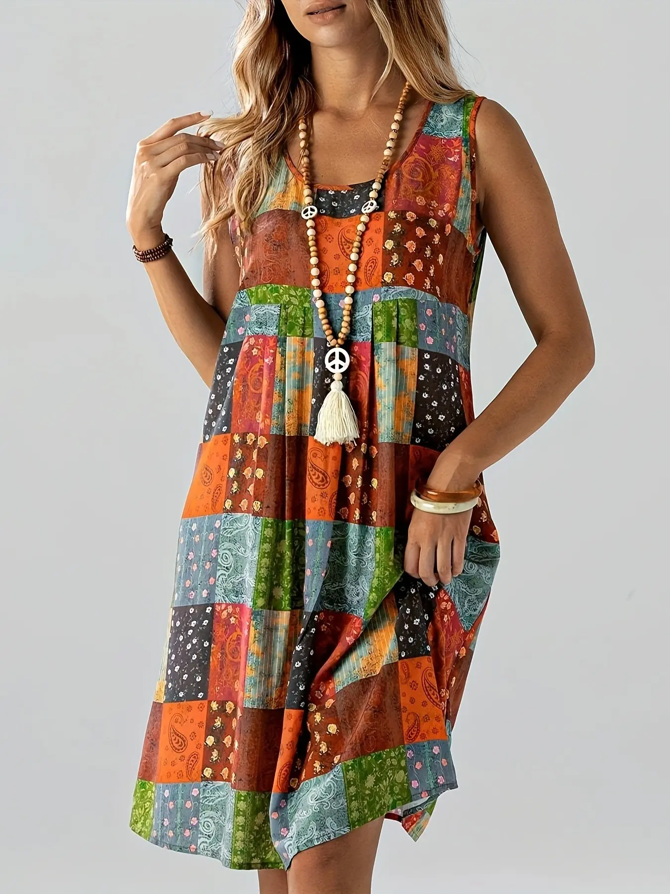 Women'S Vintage-Inspired Color Block Patchwork Dress - Casual Sleeveless A-Line Midi Dress with Vibrant Geometric & Floral Print, Loose Fit for All Seasons, Casual Outing Attire, Boho Casual Outfits