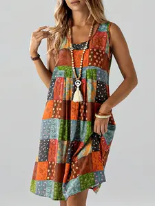 Women'S Vintage-Inspired Color Block Patchwork Dress - Casual Sleeveless A-Line Midi Dress with Vibrant Geometric & Floral Print, Loose Fit for All Seasons, Casual Outing Attire | Vintageinspired Dress | Vibrant Print Dress, Bohemian Boho Womenswear