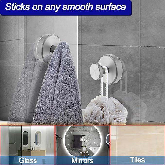 Suction Cup Hooks – Removable Towel Hooks for Shower Stalls, Bathroom Windows, Glass Doors, and Walls | Reusable & Detachable | Suitable for Towels, Bathrobes, and Bath Poufs | Waterproof | Bathrobe Hooks – 2-Pack (Silver)