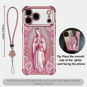 Our Lady of Guadalupe Glitter Shockproof Phone Case with Flower Lanyard - Virgen Maria Religious Protective Cover for iPhone 17 pro max 16  14 15 16 13 12 11 Pro Max plus Air  Shock-Resistant Protective Case  #YGSJDMLY28