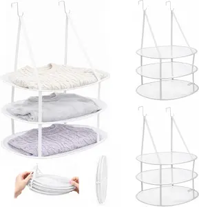 3 Pcs 3-Tier Foldable Hanging Sweater Drying Rack - Lay-Flat Warp-Knit Airflow Mesh for Delicates, Space-Saving Door-Hanging Design for Fast Drying & No Deformation, Ideal for Small Spaces (White)