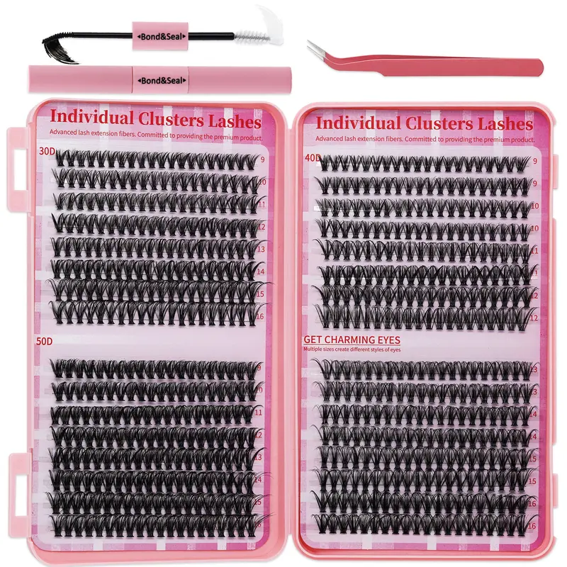 DIY Cosmetic Individual Cluster Lashes Kit - Plant Fibers, D Curl, Multi-Size (20D-80D, 30D-50D, Colored 40D, RX Lashes), 304050 Colored 40 Kit, Dramatic Eyelash, Bond, Seal, Tweezer & Brush for At-Home Application