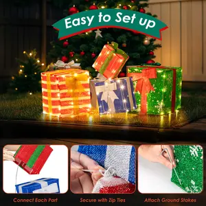 COSTWAY - 48 Inches Lighted Stacked Gift Boxes with Built-in LED Lights and Decorative Bows