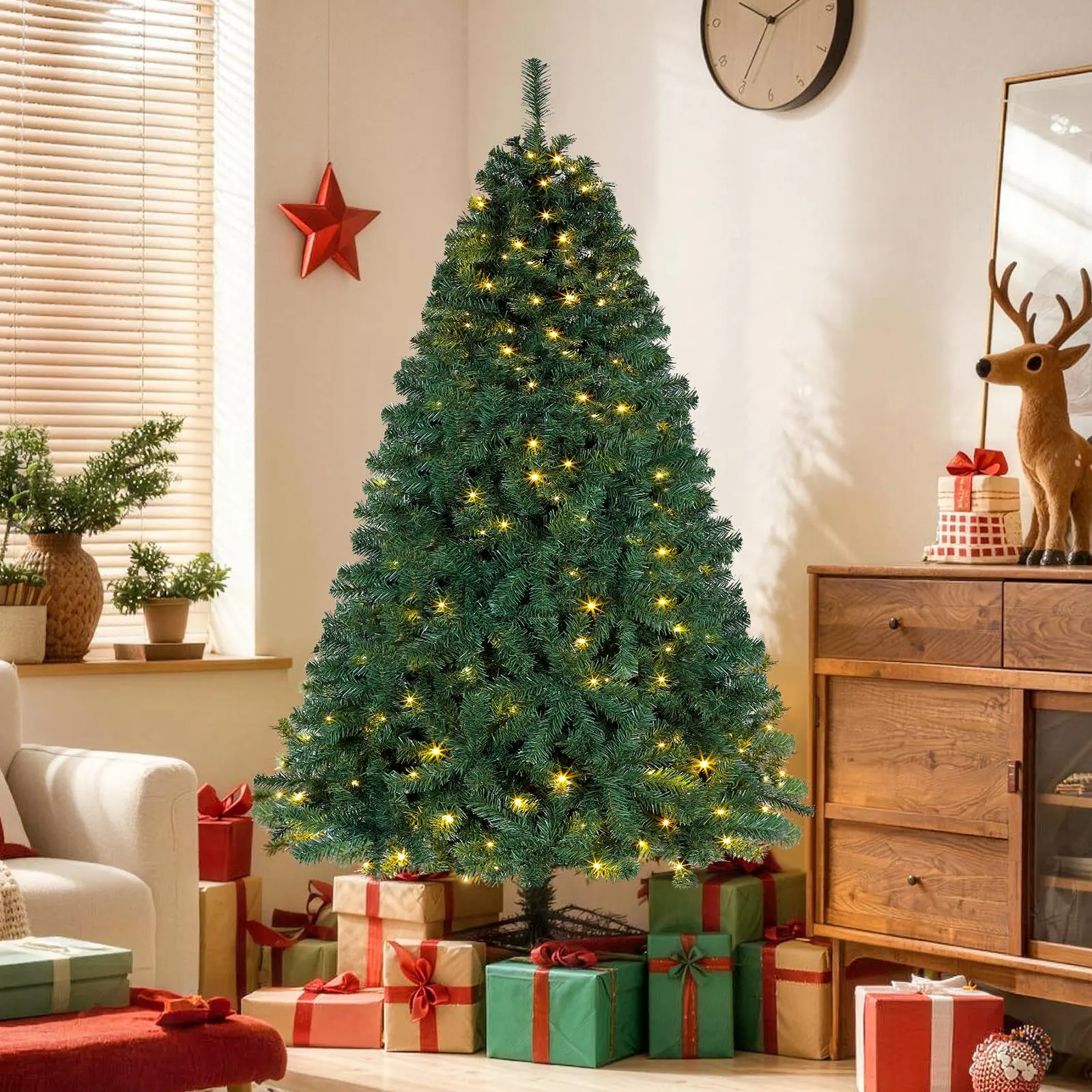 Okicoler 6.5FT Pre-Lit Multicolor Artificial Christmas Tree, 250 LED Lights, 11 Lighting Modes, 1000 Branch Tips, Foldable Metal Stand, Indoor Holiday Festive Decor