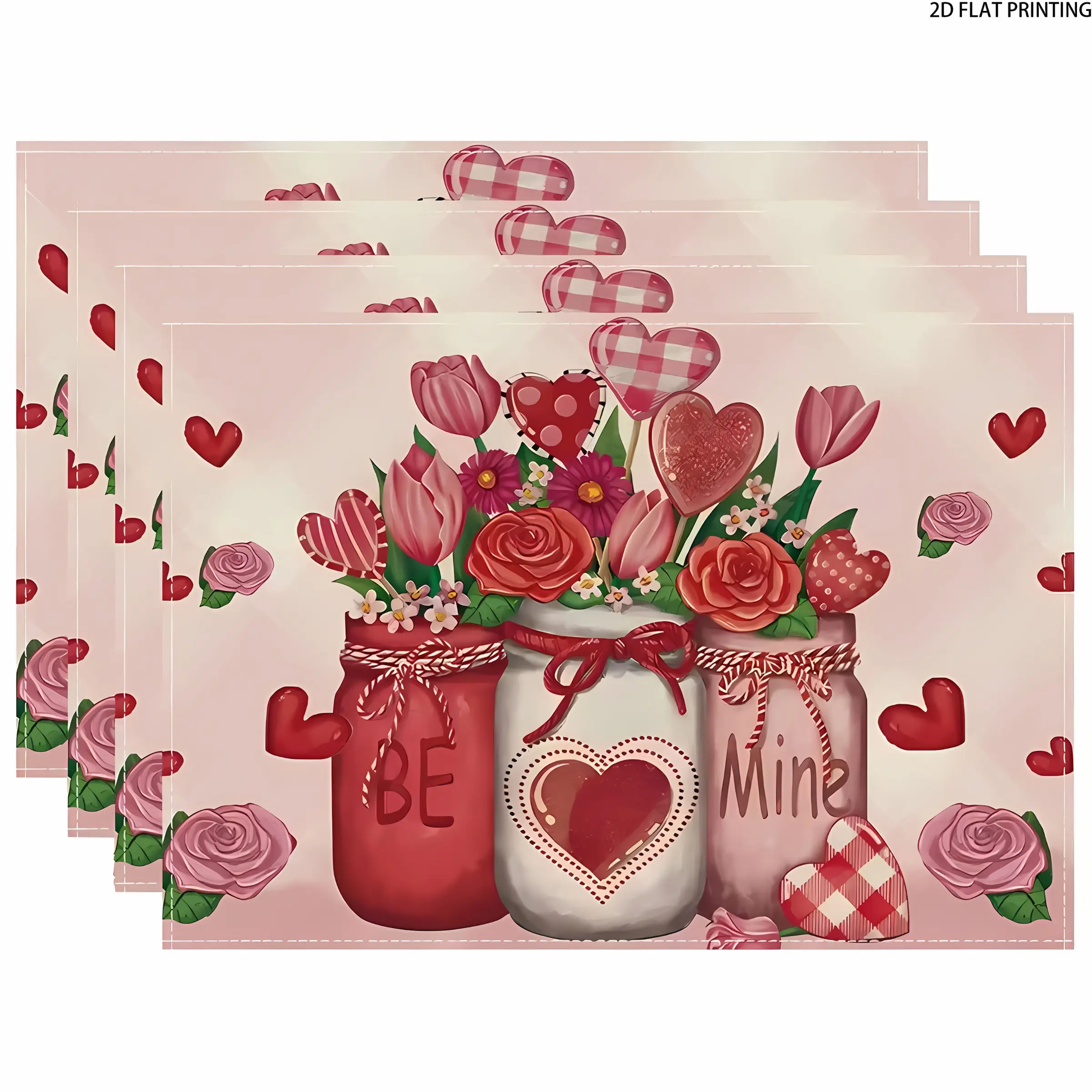 2D flat printing, 2-piece/4-piece/6-piece/8-piece Valentine's Day placemat set, rose tulip heart-shaped lollipop vase linen placemat set, desktop decoration 12x18 inches