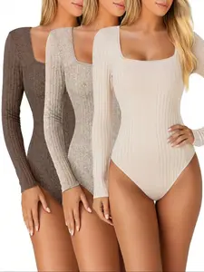 Women's Fall/Winter Fashion Elegant Square-Neck Waist-Cinched Long-Sleeve Multi-Color Three-Piece Set Bodysuit, Comfortable Fabric for Home and Outdoors