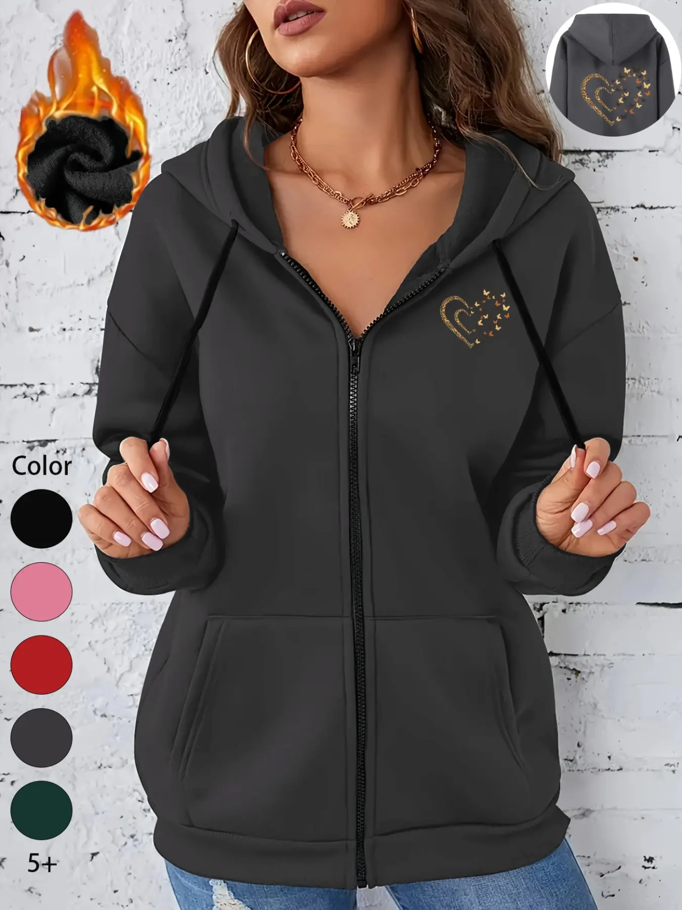 Autumn Winter New Trendy Women's Fitted Knit Long Sleeve Sweatshirt, Fun Heart Element Butterfly Print Hoodie Jacket, Ladies Casual Sport Outdoor Zipper Hooded Top