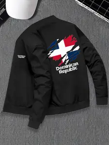 Men's Vintage Baseball Jacket, American Style Dominican Republic Flag Print, Olive, Regular Fit Zip Casual Outerwear, Durable Fabric