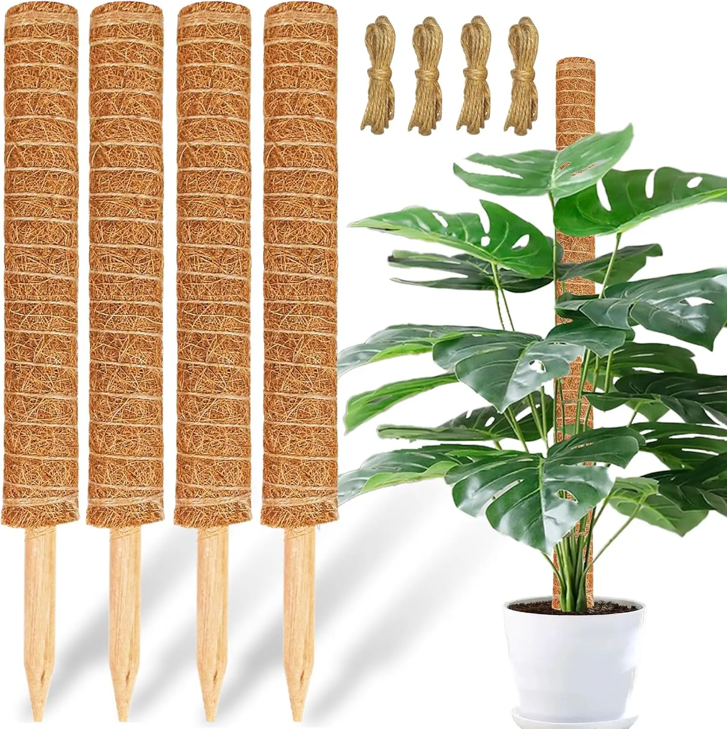 4 Pack 17inch Monstera Plant Support Stackable Moss Poles for Plants, Coir Totem Pole Tall Moss Pole for Climbing Plants, Sphagnum, Indoor Potted Plants - Can Stacked Up to 56’’
