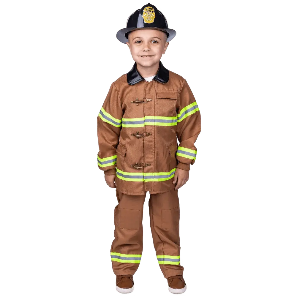 Tan Fire Fighter Costume - Kids Firefighter Role Play Outfit with Helmet, Jacket, Pants & Suspenders - Boys & Girls Fireman Dress-Up Costume for Halloween, Pretend Play & Party Fun