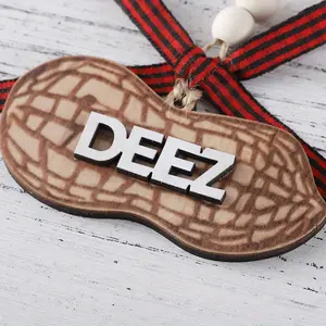 1pc Carved Wood DEEZ Nuts Hanging Ornament - Humorous Adult-Themed Peanut Design Rearview Mirror & Christmas Tree Decoration, Engraved Wooden Car Accessory with Bow Lanyard Anti-Slip Car
