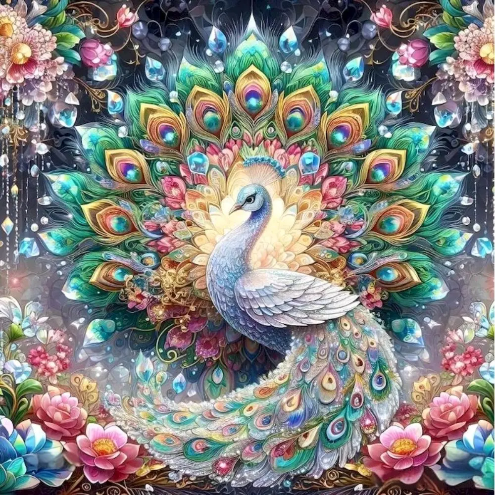 Gemstone Peacock with Floral Tail，Multiple sizes available including square and round diamonds. This 5D DIY diamond painting set diamond art embroidery kit handmade furniture decor holiday birthday art personalized gift.