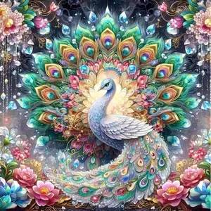 Gemstone Peacock with Floral Tail，Multiple sizes available including square and round diamonds. This 5D DIY diamond painting set diamond art embroidery kit handmade furniture decor holiday birthday art personalized gift.