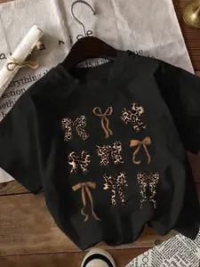 Women's Leopard Bow Print Round Neck T-Shirt, Casual Loose-Fitting Top, Fashionable Daily Wear, All Seasons Clothing, Everyday