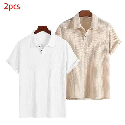 Men's 2-Pack Collared Diamond Knit Casual Loose Short-Sleeve Polo Shirts, Menswear Plain Clothes, Mens Clothing, Breathable Minimalist Solid Color Tops, Father's Day Gifts