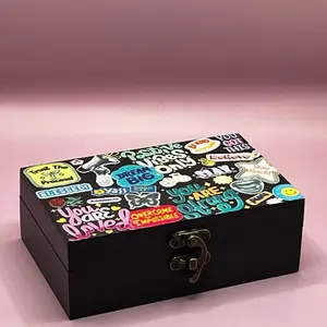 Custom Memory Box - Positive Vibes, Wooden Finish, Printed Design, Ideal for Personalization Organiser Felt Gift