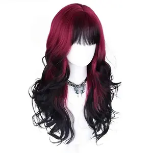 [Glamorous Wavy Wig] 28" Glamorous Wavy Curly Long Hair Wigs - Synthetic Women Black Red Highlights Cosplay Daily Party Clothing Wig