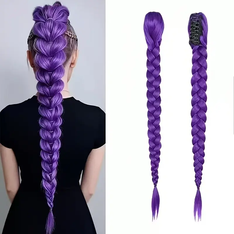 26 Inch Chunky Braid Ponytail Extension, Purple Pre-Braided Synthetic Hair Piece, Long Thick Giant Braided Ponytail for Kids & Adults Party Styling
