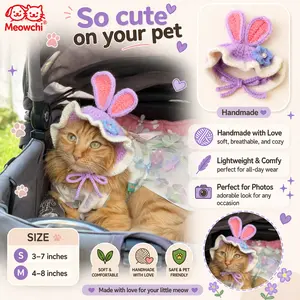 Fit 5-30lb-Handmade Bunny Ears Crochet Hat – Adorable Lavender Easter Bonnet with Blue Flower for Cats or Dogs