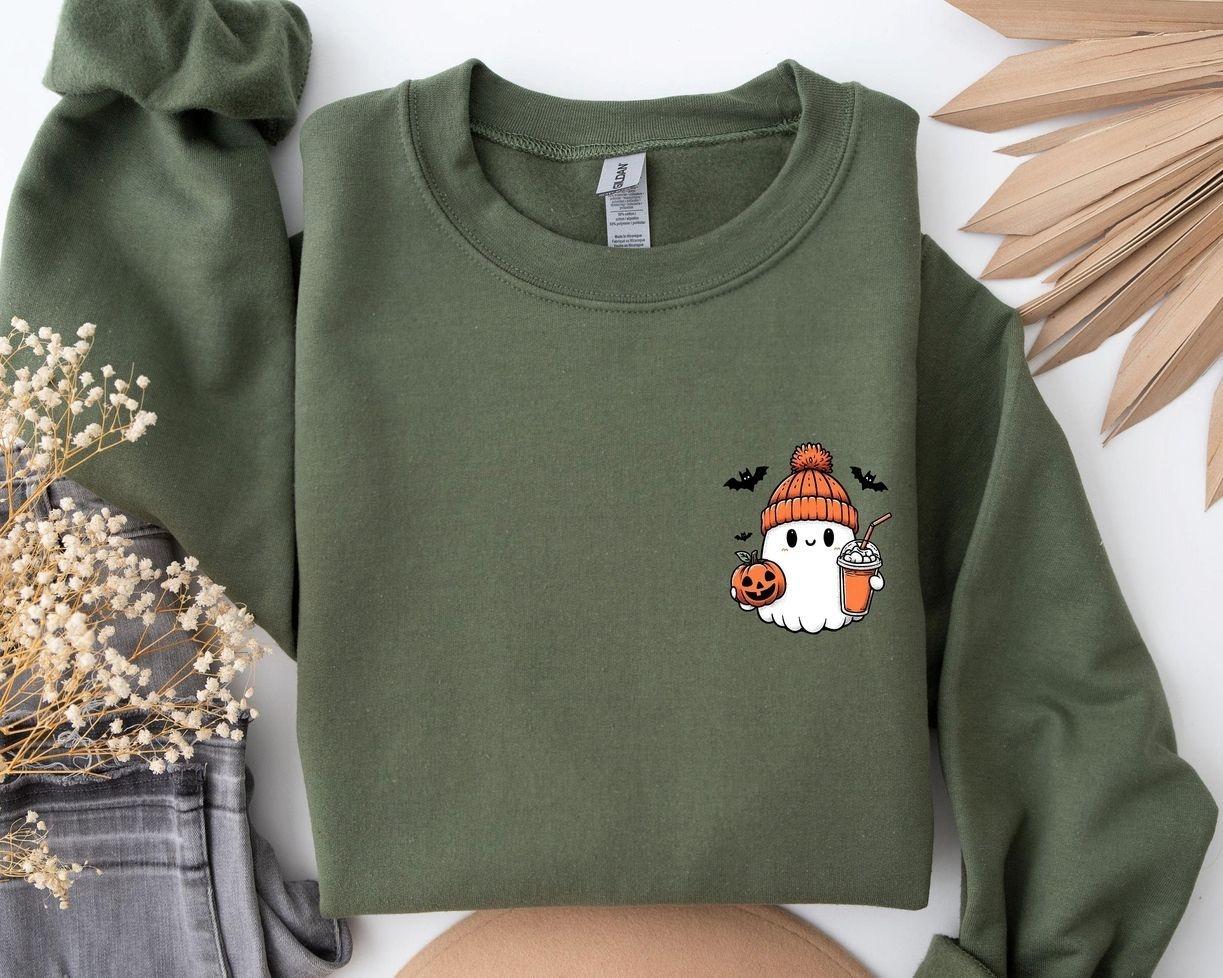 Little Ghost Ice Coffee Sweatshirt, Cute Ghost Shirt, Halloween Tee, Spooky Season Apparel, Fall Coffee Lover Gift, Ghostly Iced Coffee Graphic, Autumn Outfit for Women & Men, Trick or Treat Party, Boo Crew